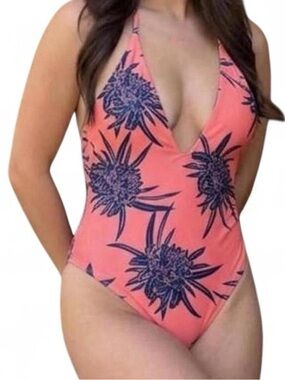 Coral Halter One-Piece Swimsuit with Navy Floral Print